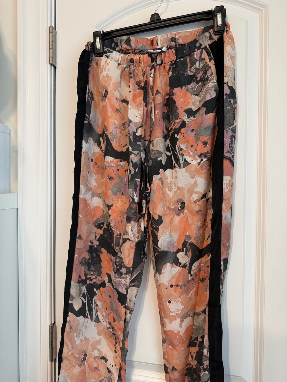 Bar III Peach and Black Floral Satin Track Pants